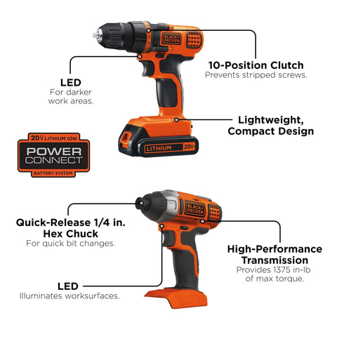 Cordless Drill And Impact Driver Combo Kit With 20V Max Battery And Charger, Three Eighths Inch Chuck For Wood Metal Plastic, 11 Position Clutch