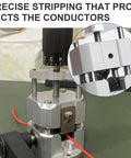 Manual Wire Stripping Tool With Hand Crank, close-up of adjustable mechanism, aluminum and steel build, for copper wires.