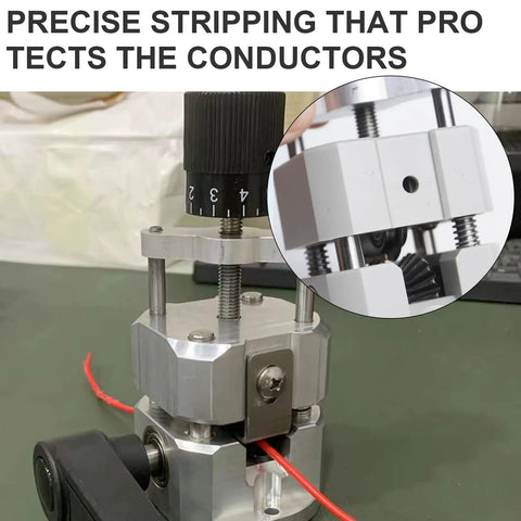 Manual Wire Stripping Tool With Hand Crank, close-up of adjustable mechanism, aluminum and steel build, for copper wires.