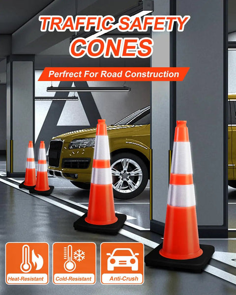 Six Pack 28 Inch Traffic Safety Cones Orange Heavy Duty Construction Cone Set for Roadway Parking and Public Place Traffic Control Pro Grade Weather Resistant PVC in parking garage