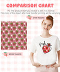 Strawberry Pattern Sublimation Transfer Paper Set 10 Sheets 12x10 Inches Each Ready To Cut Ink Sheets, before and after transfer on T-shirt