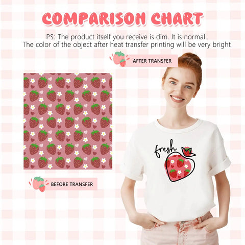Strawberry Pattern Sublimation Transfer Paper Set 10 Sheets 12x10 Inches Each Ready To Cut Ink Sheets, before and after transfer on T-shirt