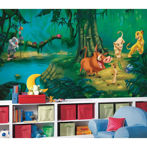 Lion King Water Activated Removable Wall Mural Spray And Stick No Glue Needed Easy Peel And Stick Decor For Kids Room Ten Point Five Feet By Six Feet No Fuss Wall Makeover In Minutes With This Easy Peasy Wall Art featuring Simba, Nala, Timon, Pumbaa, and Rafiki in a jungle scene.