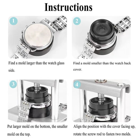 Instructions for using Pro Grade Watch Back Case Press Tool With 18 Molds, Adjustable Ram for Even Pressure And No Scratch Closures