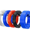 Hella Tough Polyurethane Air Hose 10 Meter Pneumatic Tubing For Air Compressor 10mm in clear, blue, red, black colors on a metal rod.