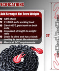 Diagram of G80 Transport Binder Chain Three Eighth Inch By Twenty Foot Heavy Duty Tow Chain With Clevis Grab Hooks 7100 Lbs Safe Working Load Black For Truck Trailer Towing with specifications listed