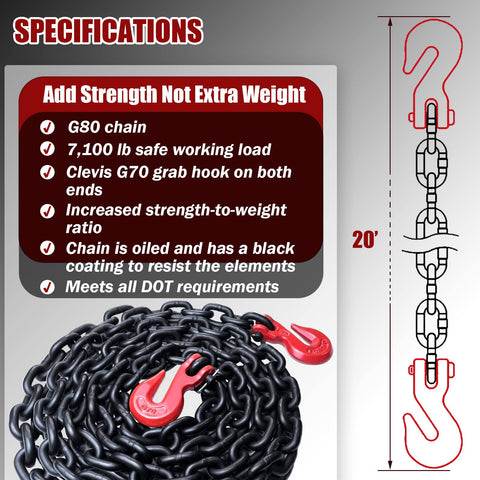 Diagram of G80 Transport Binder Chain Three Eighth Inch By Twenty Foot Heavy Duty Tow Chain With Clevis Grab Hooks 7100 Lbs Safe Working Load Black For Truck Trailer Towing with specifications listed