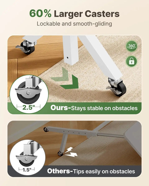 Top Shelf Rolling Sit Stand Desk With Six Height Settings And Secure Lockable Casters crafted for taller buyers, showcasing 60% larger casters.