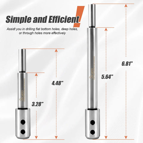 2 Piece Forstner Bit Extension Set Locks On Tight To Standard Drill Bits Adds 3.28 And 5.64 Inch Depth with marked measurements