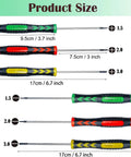 Six Piece Magnetic Screwdriver Set With Non Slip Handles In Flathead And Phillips Bits Pro Grade Electronics Repair Kit For iPhone PC Jewelry Watch Eyeglasses In Green Orange Yellow showing sizes of screwdrivers.