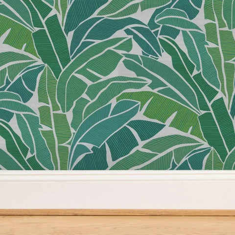 Heavy Duty Tropical Leaf Exotic Textured Vinyl Wallpaper in green with slick leather finish on wall, 2 x 27 ft roll.