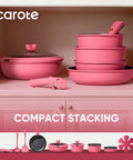 15 Piece Nonstick Pots And Pans Set With Detachable Handle For Induction Cooktop, pink cookware stacked in kitchen cabinet