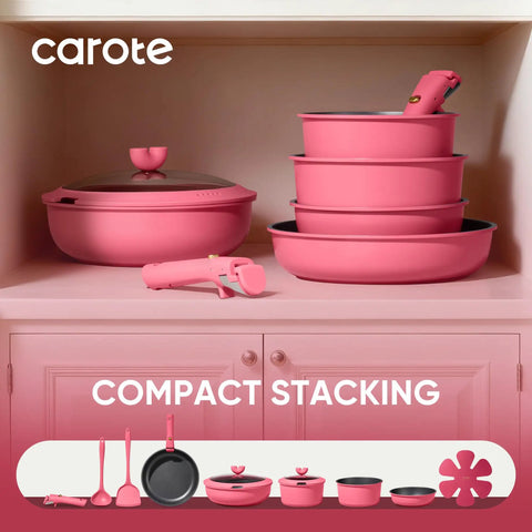 15 Piece Nonstick Pots And Pans Set With Detachable Handle For Induction Cooktop, pink cookware stacked in kitchen cabinet