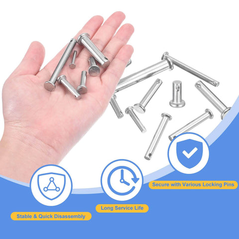 Person holding M6 x 20mm Single Hole Clevis Pins in 304 Stainless Steel with flat heads, showing 20-pack for trailer latches and repairs.