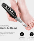 Hella Smooth Cordless Nail File Drill And Thick Toenail Grinder Professional Manicure Pedicure Kit For Zero Hassle Callus Removal and Major Salon Vibe Home Foot Care For Everyone with digital display in hand, applying on toenail.