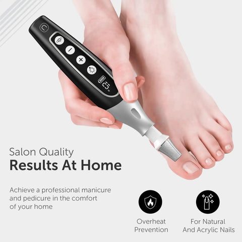 Hella Smooth Cordless Nail File Drill And Thick Toenail Grinder Professional Manicure Pedicure Kit For Zero Hassle Callus Removal and Major Salon Vibe Home Foot Care For Everyone with digital display in hand, applying on toenail.