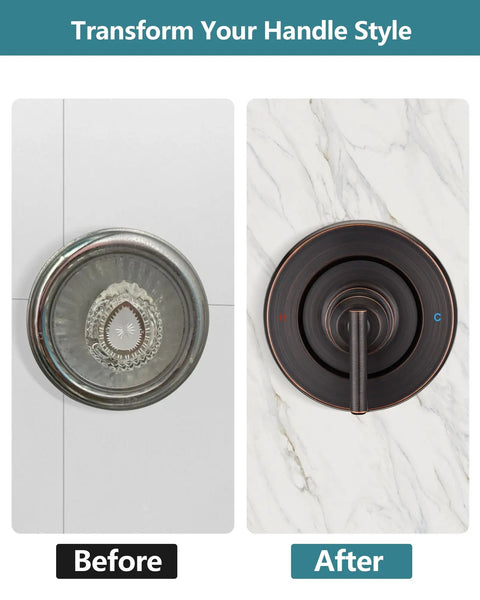Upgrade Your Bathroom Today With This Slick Moen Chateau Replacement Trim Kit In Classic Oil Rubbed Bronze, Featuring Easy Pull On Push Off Handle Design And Clear Hot Cold Labels For A Totally Fresh Modern Shower Look Without Buying The Valve Cartridge. before and after shower trim kit handle in oil rubbed bronze