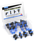 40 Piece Push To Connect Pneumatic Fittings Kit For One Quarter Inch OD And Six Millimeter OD With Five Splitters Five Elbows Five Tees And Five Straights For PU PE Nylon Tubing Air System DIYers And Pros in plastic case.