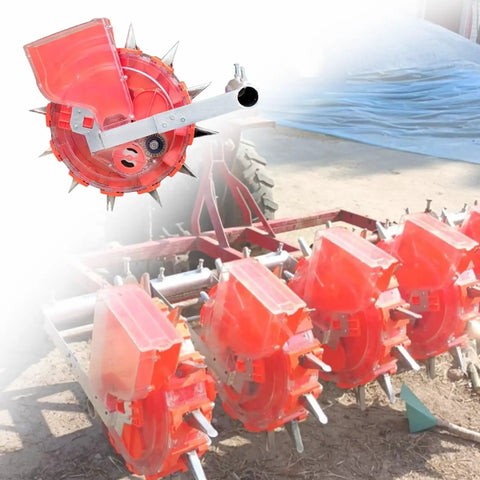 Built Tough Tractor Mounted Seeder Workhorse with Twelve Cone Pull Behind Garden Planter in field setup.