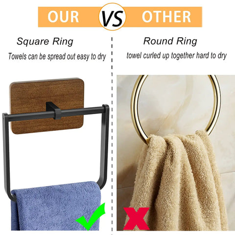 Comparison of square vs round towel ring, highlighting Two Pack Square Towel Ring And Hand Towel Holder in rustic wood and matte black.