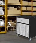 Mobile Garage Storage Cabinet With Wheels Pegboard Drawer And Adjustable Shelf For Tools And Hardware Built In Door Pegboard For Hanging Heavy Duty Easy Roll Metal Tool Cabinet For Workshop Organization black metal cabinet on casters in warehouse