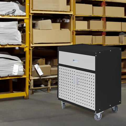 Mobile Garage Storage Cabinet With Wheels Pegboard Drawer And Adjustable Shelf For Tools And Hardware Built In Door Pegboard For Hanging Heavy Duty Easy Roll Metal Tool Cabinet For Workshop Organization black metal cabinet on casters in warehouse