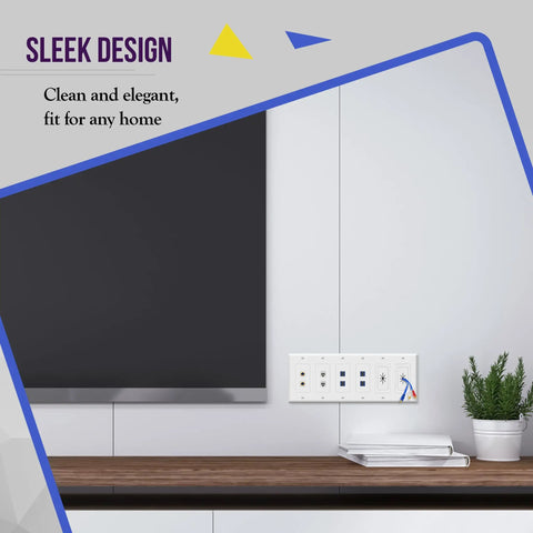 Interior showing Six-Gang Decorator Wall Plate For Light Switch And Receptacle White 4.50 By 11.81 Inches Polycarbonate installed on wall.