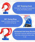 Beefy Heavy Duty Snatch Block With Hook, 8 Ton Capacity, 6 Inch Sheave showing 360° rotation, 180° swing, and anti-drop buckle features.