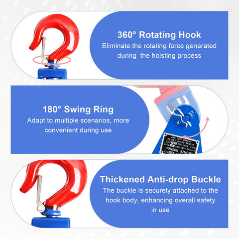 Beefy Heavy Duty Snatch Block With Hook, 8 Ton Capacity, 6 Inch Sheave showing 360° rotation, 180° swing, and anti-drop buckle features.