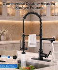 RUMOSE Matte Black Commercial Kitchen Faucets with Pull Down Sprayer featuring dual-function sprayer and 360° swivel design.