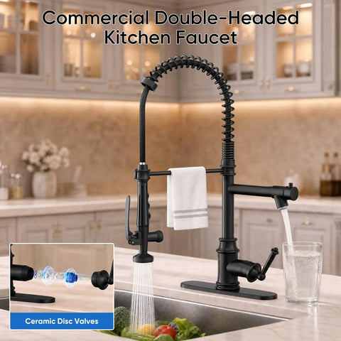 RUMOSE Matte Black Commercial Kitchen Faucets with Pull Down Sprayer featuring dual-function sprayer and 360° swivel design.