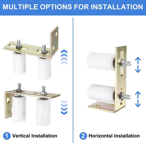 Two Pack Gate Guide Rollers With L Bracket For Sliding Gates 40mm Nylon Rollers With Sealed Ball Bearings Fits Gates Up To Two And Fifteen Sixteenths Inches Wide Universal Gate Guider For Sliding Doors White showing vertical and horizontal installation options.