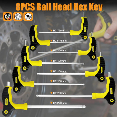 8 Piece Ball Head Hex Key Set with T Handle and Ergonomic Grip shown in front of a machinery wheel for easy repairs.