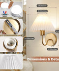 Two Pack Battery Operated Wall Sconces With Pleated Shades, USB Rechargeable Gooseneck Gold Finish Vanity Lights dimensions