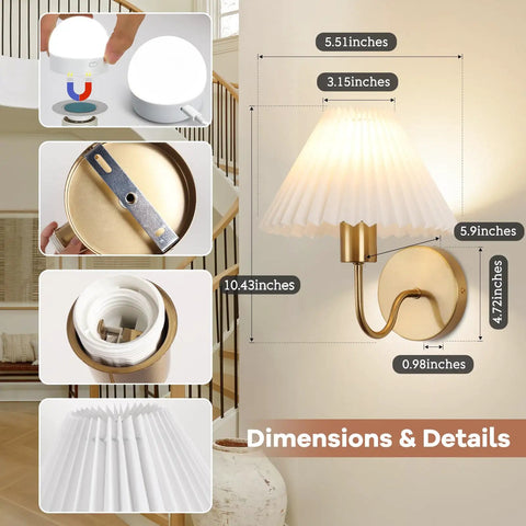 Two Pack Battery Operated Wall Sconces With Pleated Shades, USB Rechargeable Gooseneck Gold Finish Vanity Lights dimensions