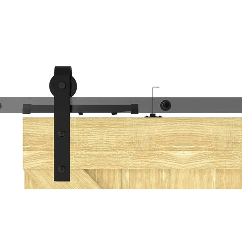 2 Pack Ultra Smooth Soft Close Barn Door Hardware Kit With Spring Buffer Damper, wood panel, metal track, side view