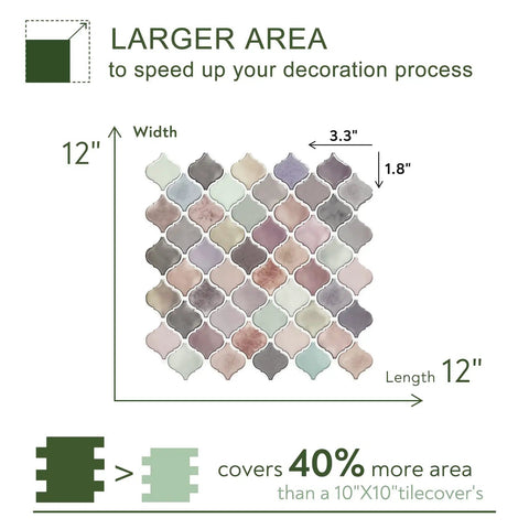 Dimensions and coverage area of Pink Arabesque Peel And Stick Tile Backsplash 12x12 Self Adhesive Kitchen Tiles Pack Of 10