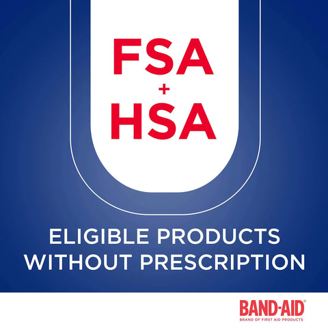 Band-Aid brand banner showing FSA + HSA text on a blue gradient background, eligible products without prescription.