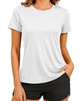 Woman wearing Women's Short Sleeve Athletic Tee With UPF 50+ Sun Protection, Quick Dry Moisture-Wicking Workout Top in White