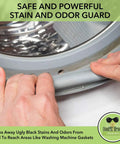 Hands applying Pro Grade Grout Sealer With Odorless Zero VOC Breathe Easy Stain Block Tech to washing machine gasket