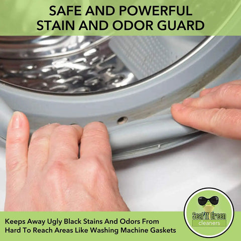 Hands applying Pro Grade Grout Sealer With Odorless Zero VOC Breathe Easy Stain Block Tech to washing machine gasket