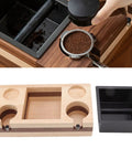 Premium Walnut Wood Coffee Knock Box And Espresso Tamper Stand Holder With Anti Slip Base, showing tamper holder and knock box.