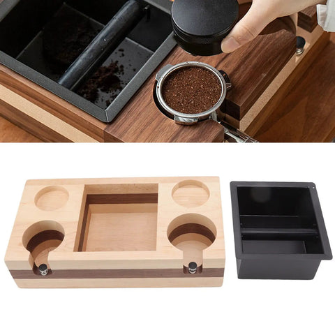 Premium Walnut Wood Coffee Knock Box And Espresso Tamper Stand Holder With Anti Slip Base, showing tamper holder and knock box.