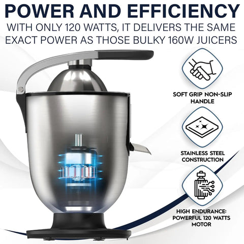 Eurolux Premium Electric Orange Juicer Featuring 160W High-Torque Motor, stainless steel construction, and soft grip handle.
