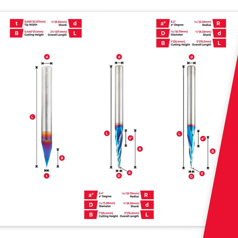Diagram of CNC Ultimate Solid Carbide Carving And Engraving Bits Pack with Spektra coating and dimensions.