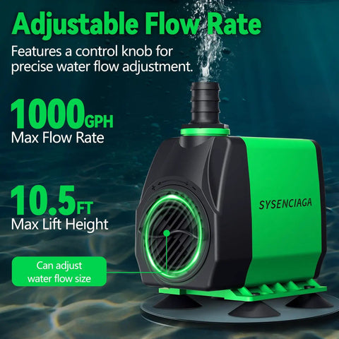 Forty Watt Ultra Quiet Fountain Submersible Pump With Up To 800 GPH Flow And 10 Ft Lift, 3 Nozzles, shown with control knob