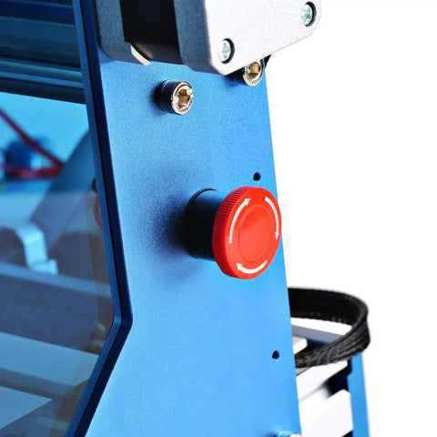 Side view of CNC Router Emergency Stop Push Button for 3018 MX3 and 3018 PROVer on blue frame, red button visible.