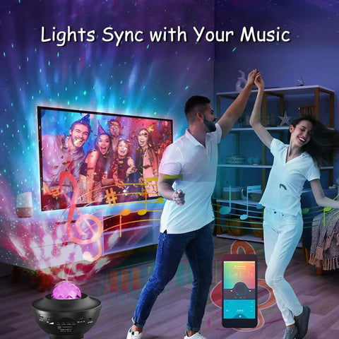 Couple dancing in living room with Epic Galaxy Star Projector Ocean Wave Nebula LED Night Light creating vibrant light display