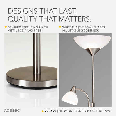 Close-up of Piedmont 71 Inch Floor Lamp with brushed steel base and dual torchiere uplight and gooseneck reading lamp