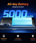Q900 Android 14 Handheld Barcode Scanner Mobile Computer 5000mAh battery specs shown with charging and working times.